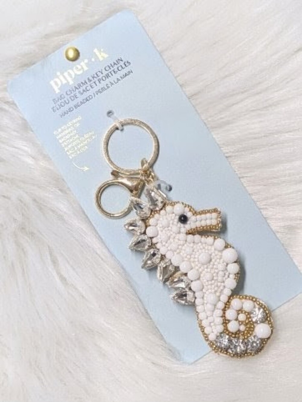 Piper K Beaded Beachy Seahorse Bag Charm Keychain w/ Rhinestone & Gold Accents
